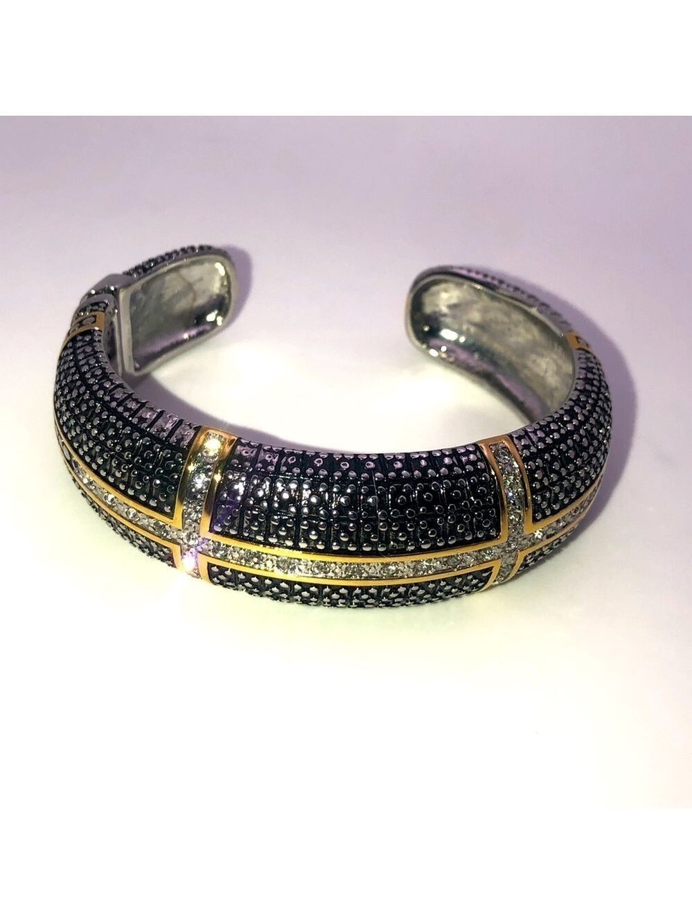 DSMK Stainless Steel & Gold Tone Rhonestone Hinged Cuff 7.2”